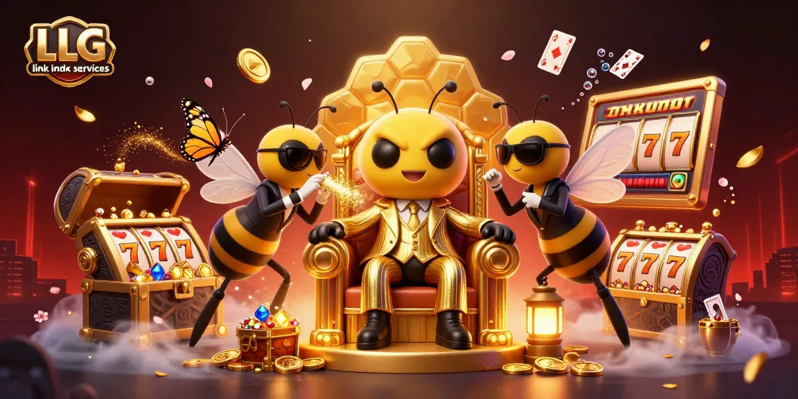 Experience LLG link indx services through a vibrant casino scene with animated characters and slot machines.