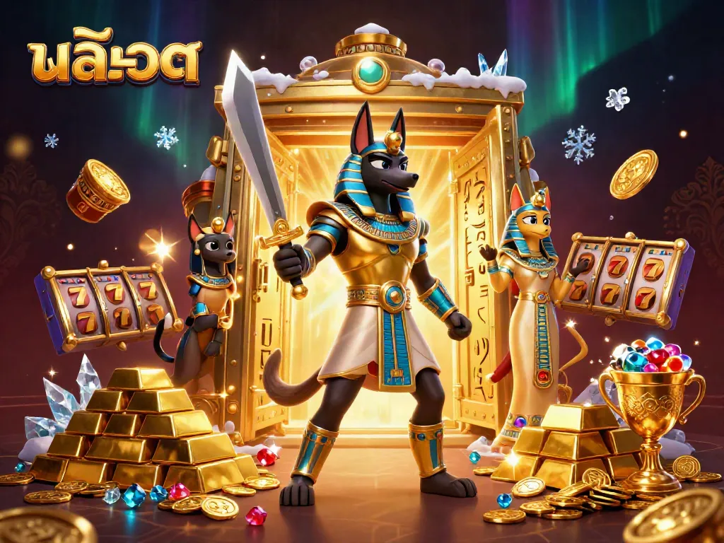 Experience the excitement of สล็อต with Anubis in a treasure-filled casino scene.