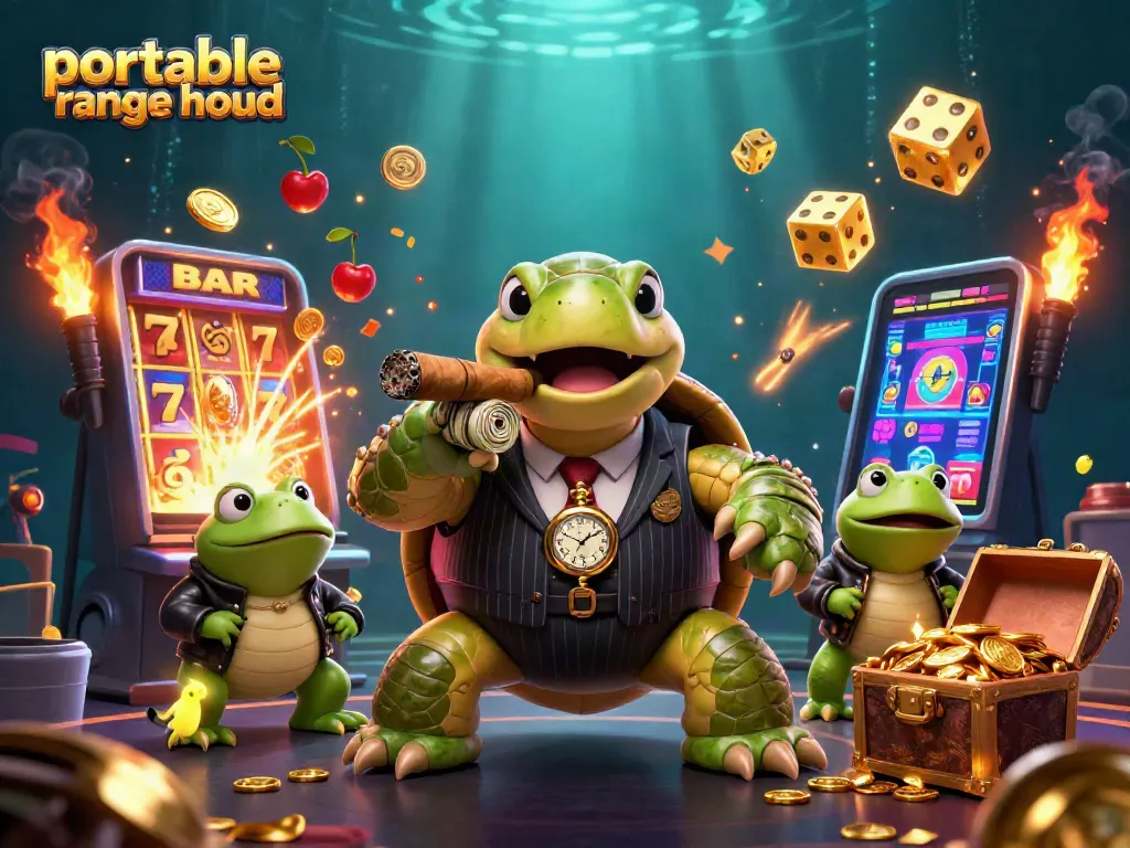 Portable range hood illuminates a bustling casino scene with a snapping turtle in a suit and jackpot elements.
