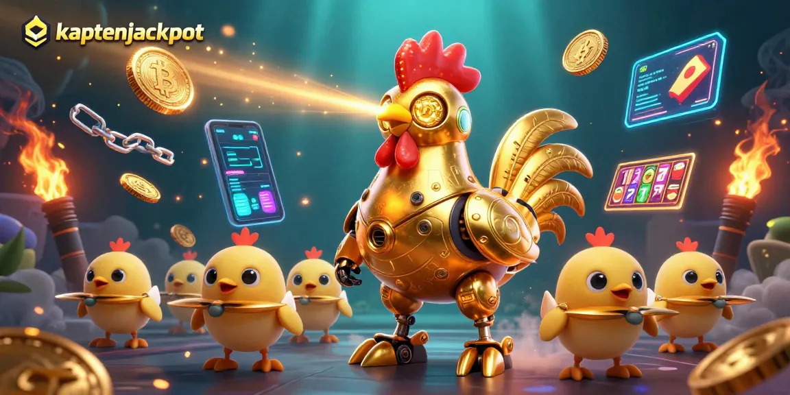 Experience the kaptenjackpot adventure with a golden rooster robot and vibrant slot game elements.