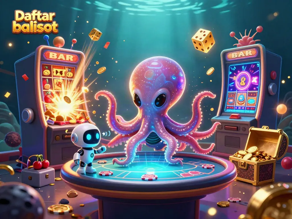 Engage with Daftar balisot in a vibrant 3D casino scene featuring alien characters and slot machines.