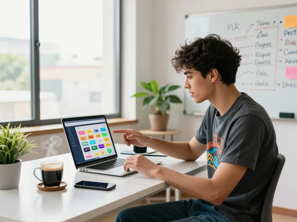 PLR Digital Products for Sale in a modern workspace with entrepreneur researching digital products.