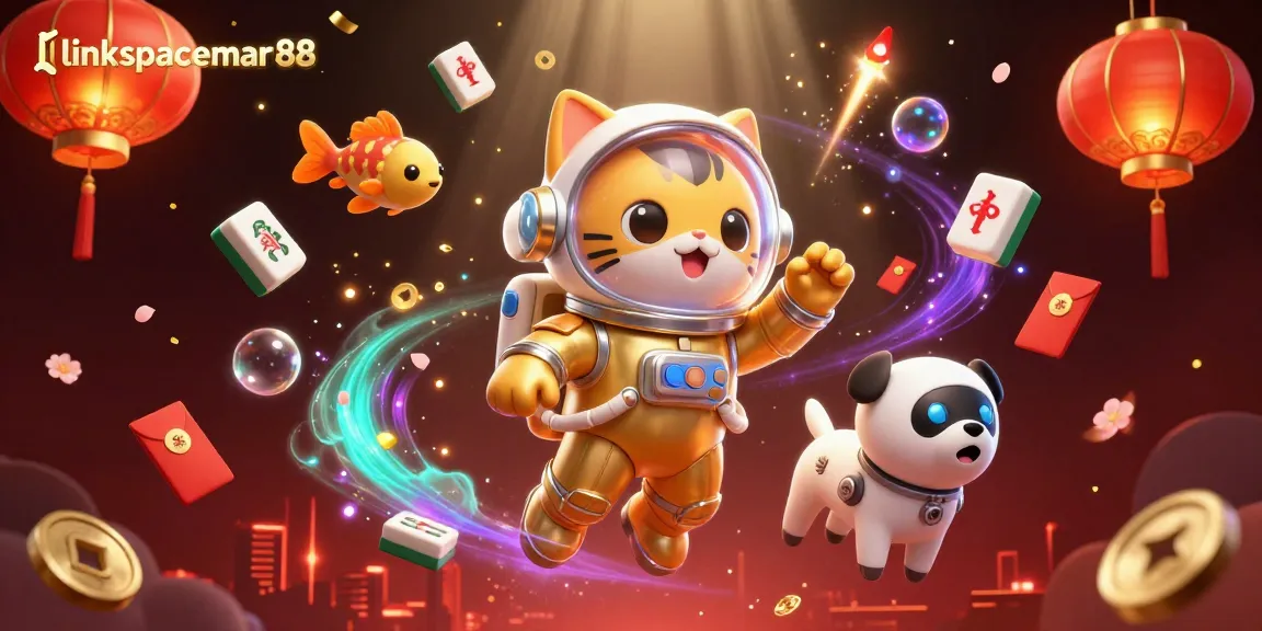 Engage with exciting casino fun through link spaceman88, featuring a playful astronaut cat surrounded by vibrant gambling elements.