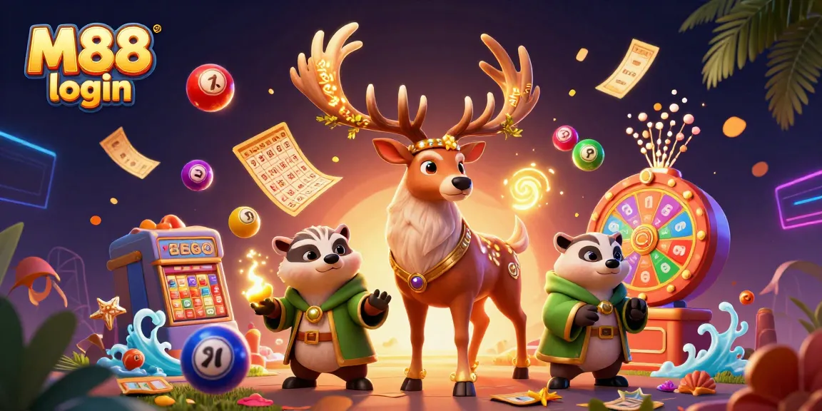 M88 login brings action-packed fun with a colorful casino scene of dynamic lottery elements and characters.