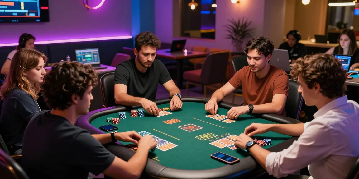 Players immersed in a live Andar Bahar game with real dealers at a modern gaming lounge, showcasing the essence of andar bahar king.