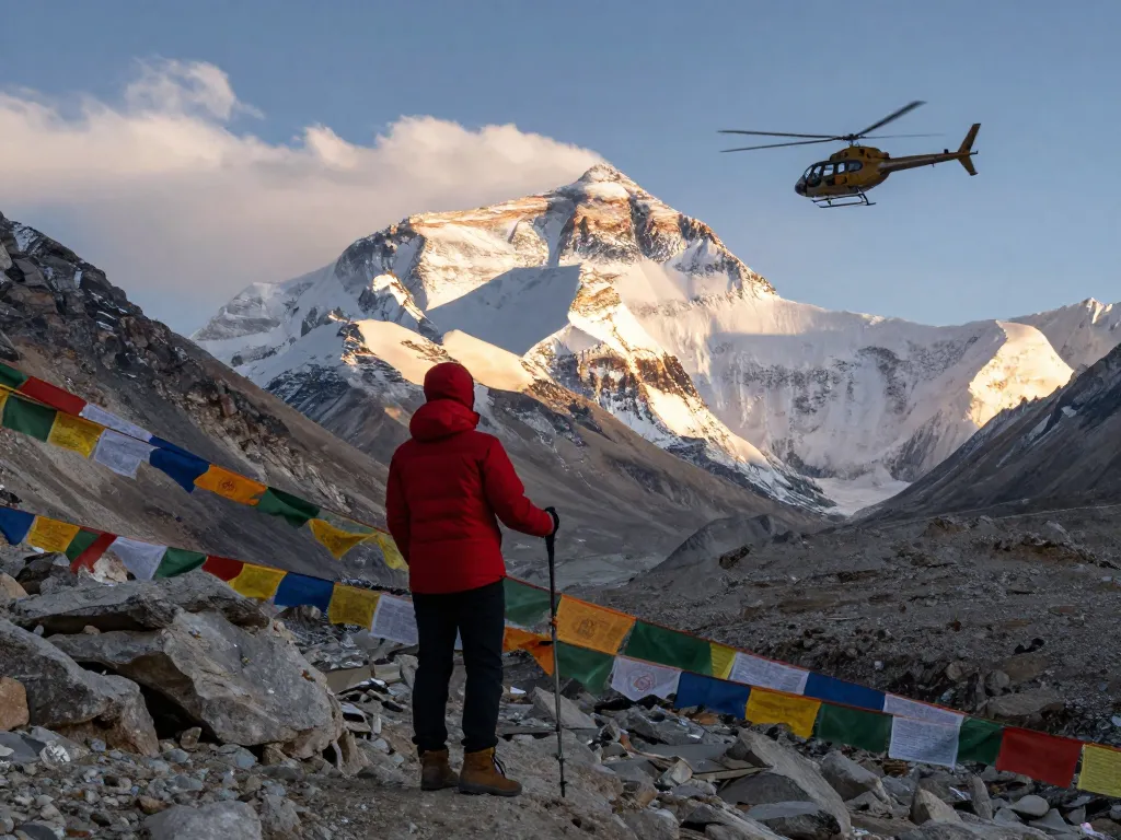 Everest Base Camp Trek with Helicopter Return traveler at scenic mountain viewpoint.