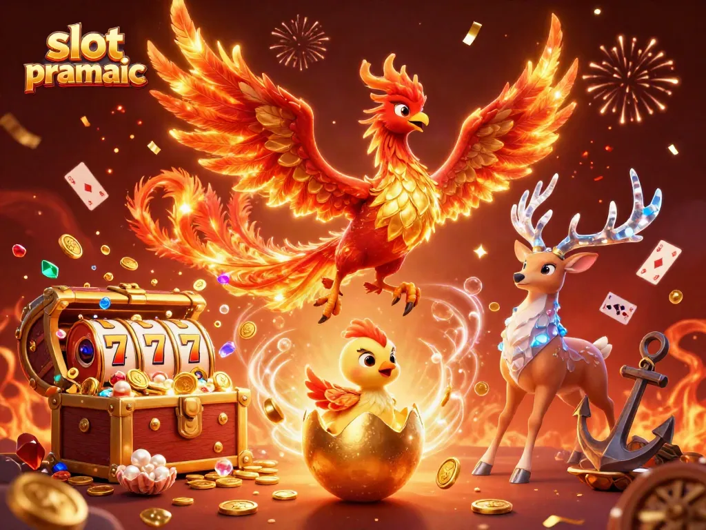 Permainan slot pragmatic yang menarik dengan karakter phoenix berapi dan elemen kasino berkilauan.