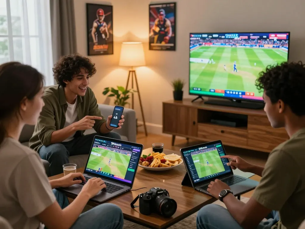 Friends enjoying the 99exch official betting platform in a lively living room