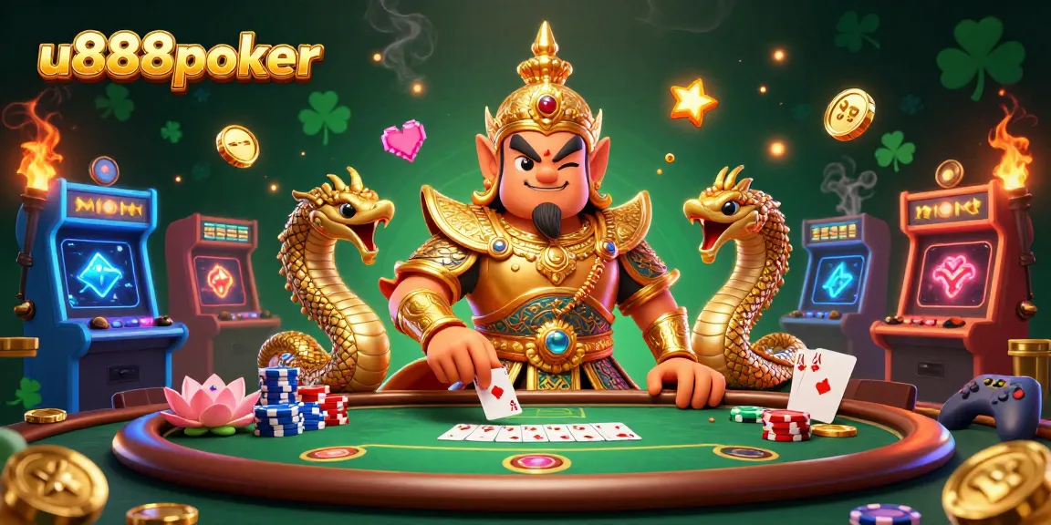 Engage in thrilling poker action with u888poker's vibrant 3D illustration showcasing a lively casino scene.