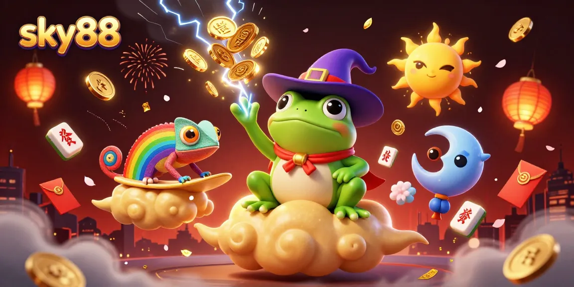 Experience the thrill of sky88 with a vibrant illustration showcasing a wizard frog and a chameleon amidst golden clouds.