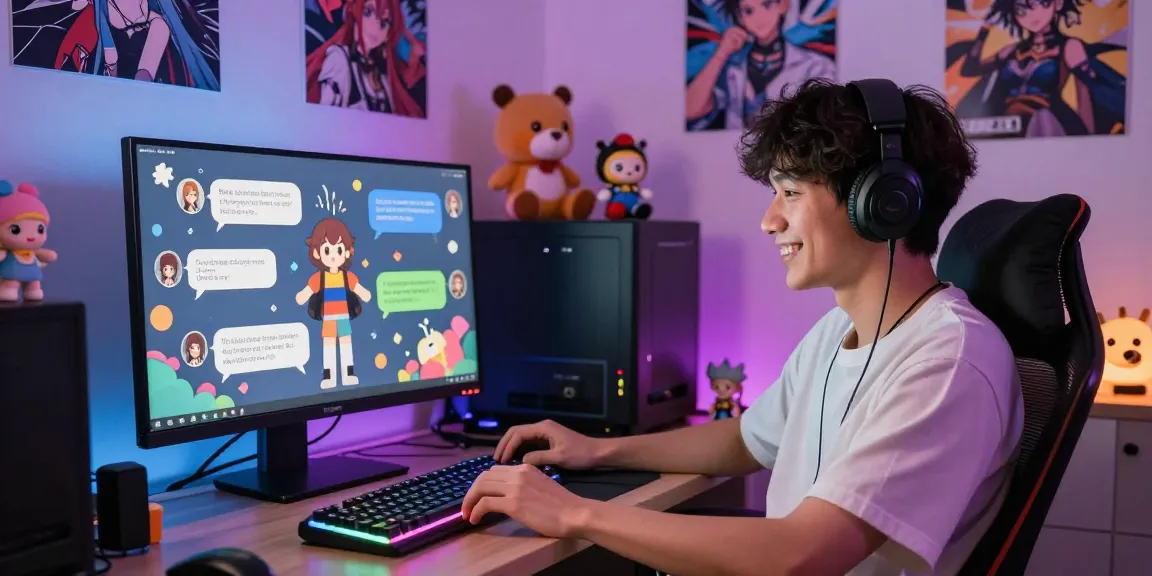 Engaging character AI NSFW interaction scene on a sleek desktop setup with playful chat graphics and a smiling user.