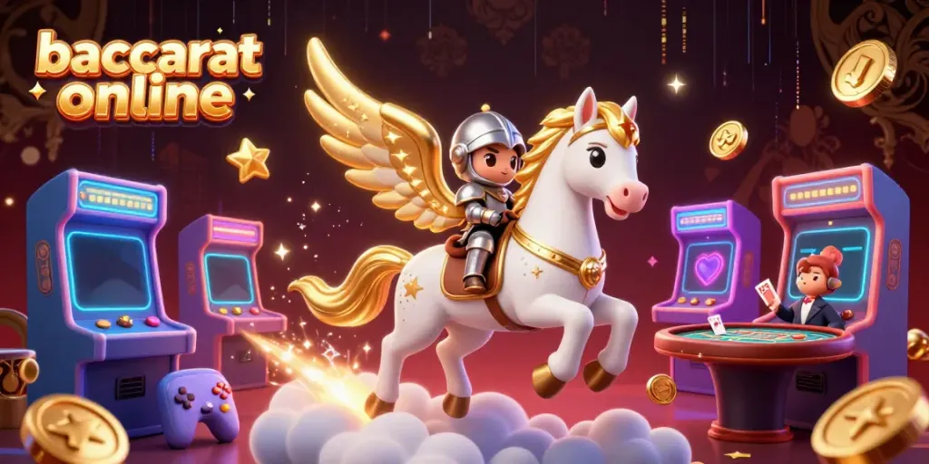 Engaging scene depicting baccarat online with a celestial horse, knight, and casino elements