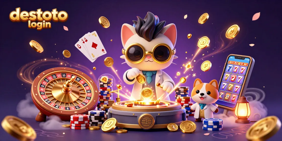 Spin to win at DESTOTO login with vibrant casino elements in a packed, dynamic scene.