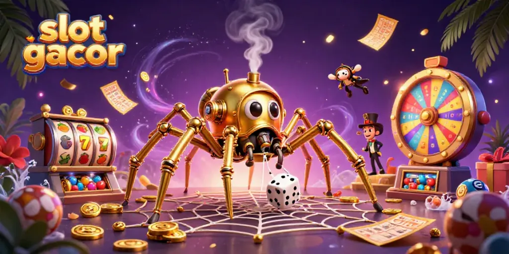 Experience the thrill of slot gacor with a vibrant scene featuring a steampunk spider and dynamic casino elements.