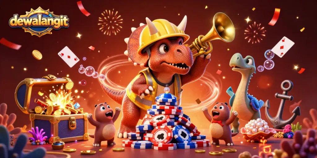 Menang besar di dewalangit dengan triceratops membangun tumpukan chip poker dalam perayaan kasino.
