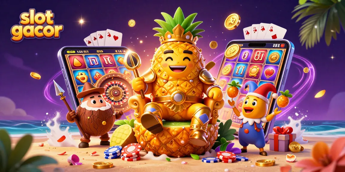 Experience slot gacor excitement with a vibrant scene of a pineapple king amidst casino elements.