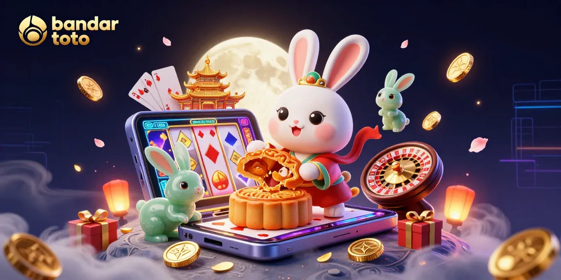 Engage with bandar toto gaming adventures, featuring a whimsical moon rabbit and exciting casinos.