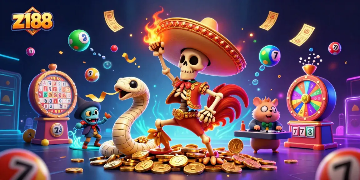 Experience thrilling wins with z188 at an exciting casino scene featuring a dancing rooster, snake, and DJ.