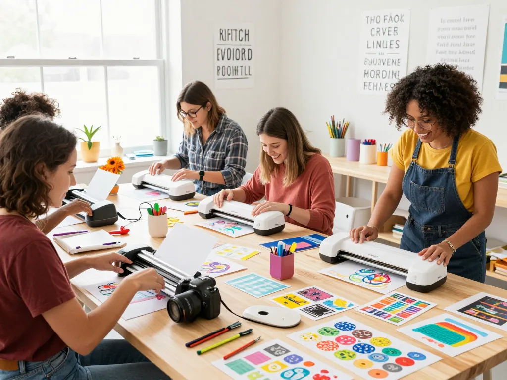 Workers happily crafting with Cricut SVG bundles in a colorful workshop, showcasing creativity.