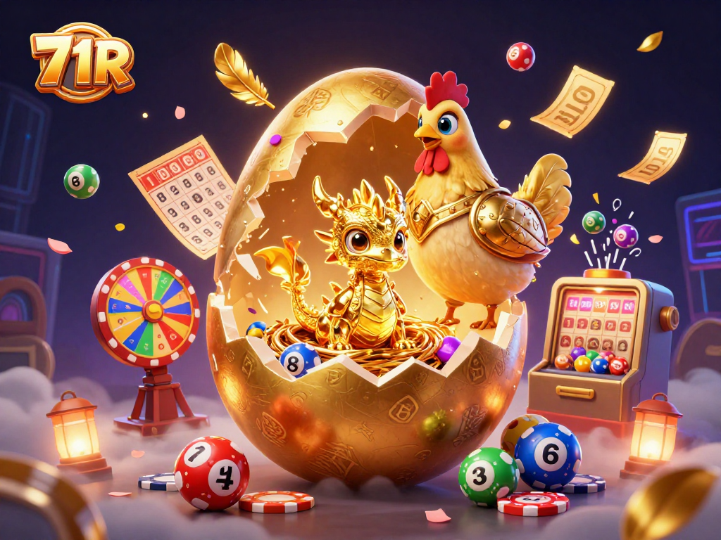 Explore 71R em ação com um dragão dourado e fichas de pôquer num cenário vibrante.