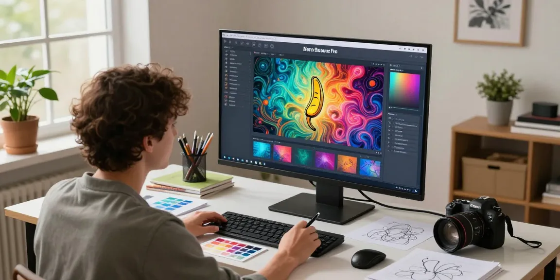 Artist using Nano Banana Pro in a bright digital art studio, showcasing creative potential and AI capabilities.