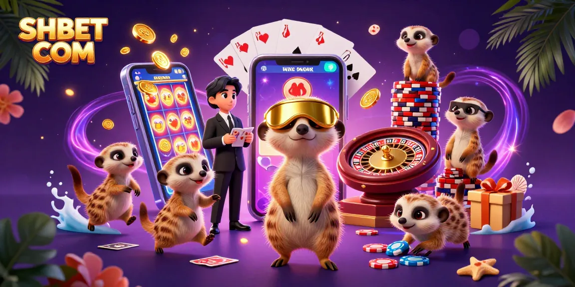 Experience excitement at SHBET COM with cartoon meerkats running a vibrant casino scene, showcasing games and prizes.
