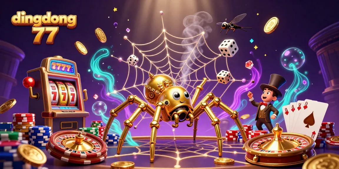 Experience thrilling gaming action at dingdong 77 with dynamic slot machine reels, golden coins, and vibrant poker chips.