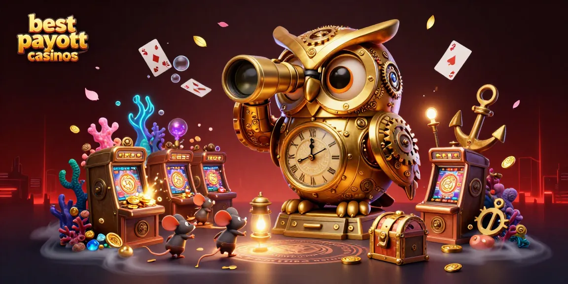 Experience the excitement at best payout casinos with a whimsical clockwork owl and treasure-filled scene!