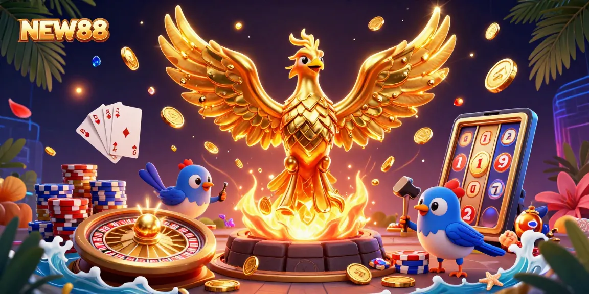 Experience the thrilling world of NEW88 with a dynamic golden phoenix and casino elements!