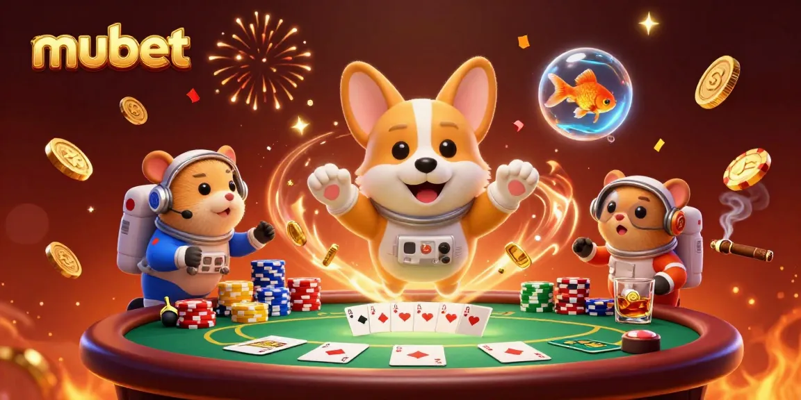Experience gameplay excitement with mubet's 3D illustration of a corgi astronaut and casino action.