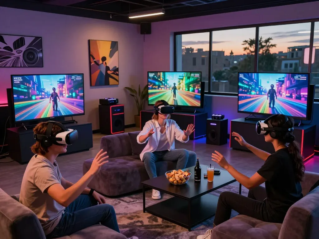 Users enjoying NSFW AI simulations in a vibrant virtual reality studio with immersive visuals and ambient lighting.