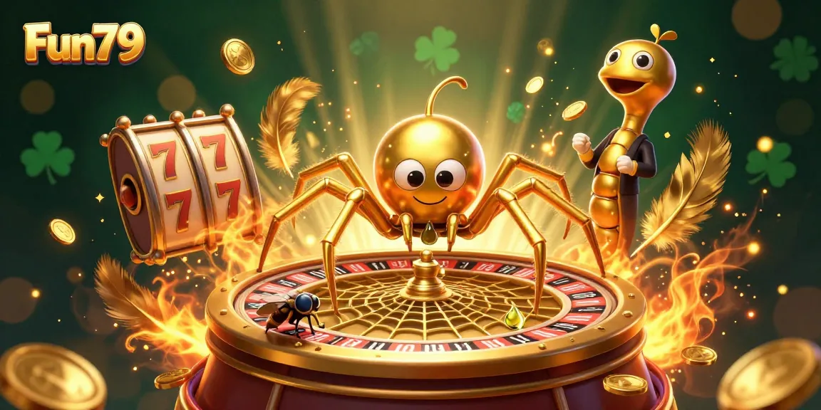 Experience Fun79's thrilling betting action with a golden spider and centipede croupier in a vibrant casino scene.