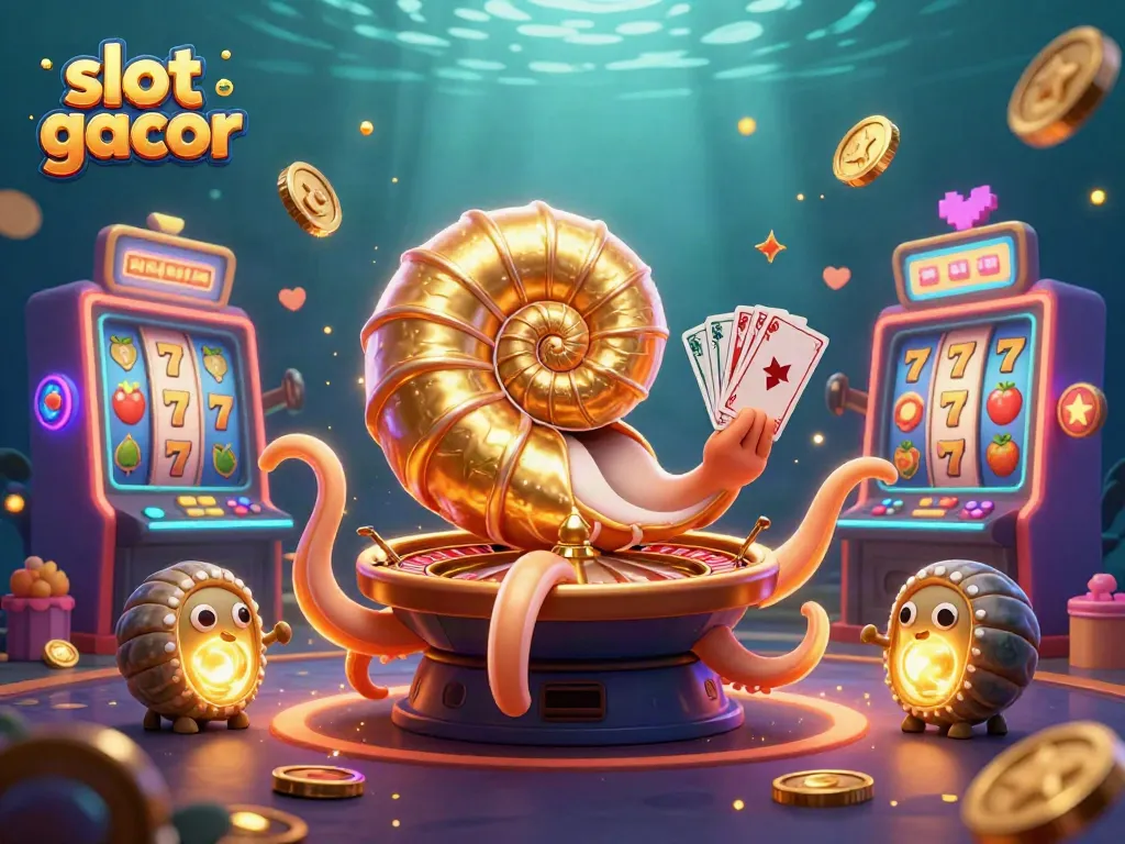 Slot gacor dengan nautilus raksasa dan mesin slot berputar yang bersinar.