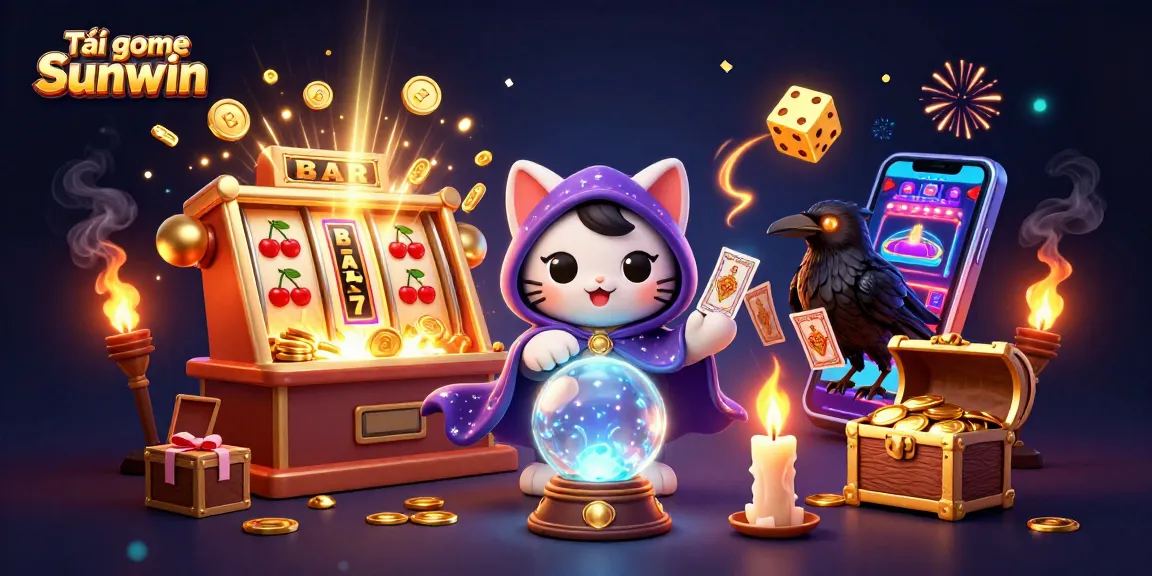 Tải game Sunwin with an energetic scene of a fortune teller cat, a tarot raven, and a slot machine explosion.