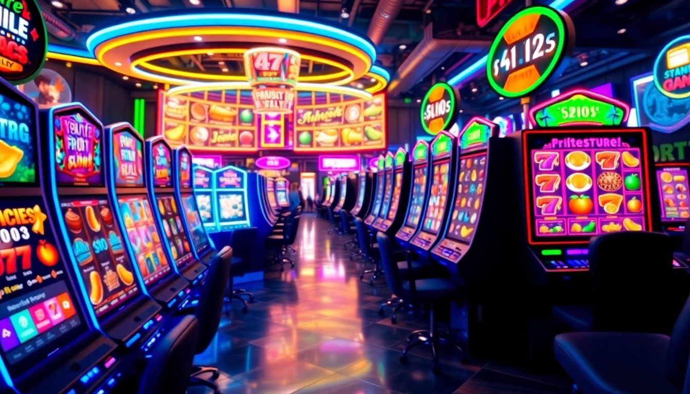 Experience Online slots UK excitement with colorful slot machines in a vibrant casino setup.