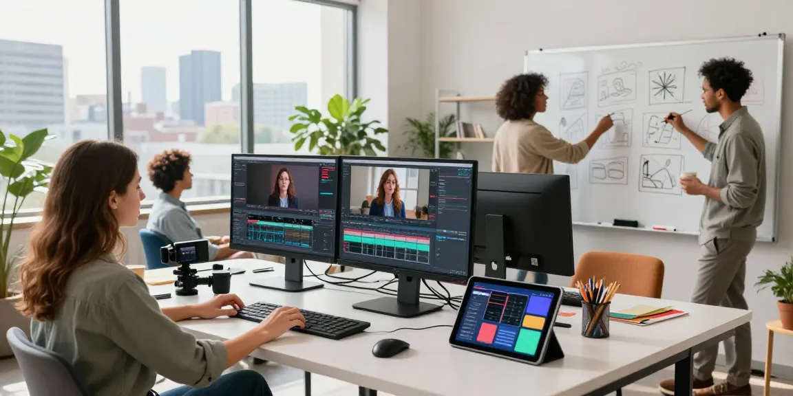 Creative team collaborating in a bright studio utilizing ai seedance 2.0 to produce stunning videos.