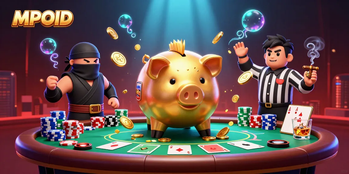 MPOID showcases a vibrant 3D scene with a golden piggy bank sumo wrestler, wallet-ninja, and credit-card referee amidst poker elements.