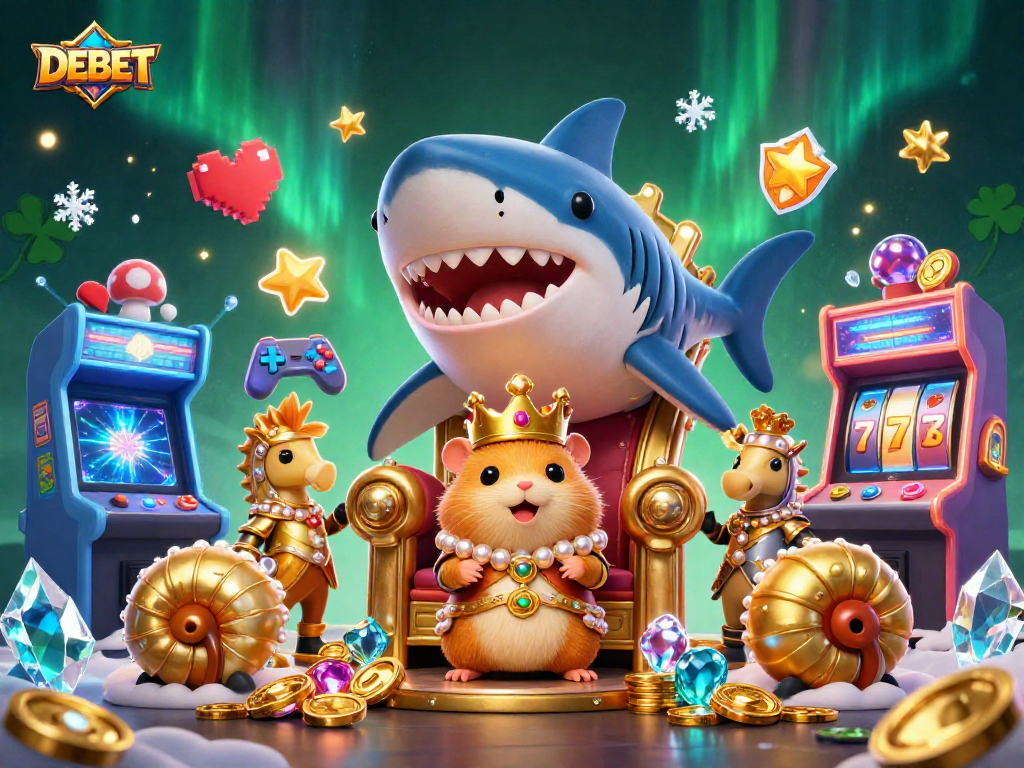 DEBET Casino illustration featuring a gold hamster king on a megalodon tooth throne surrounded by arcade game elements.