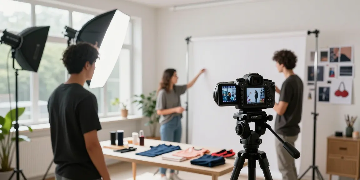 Photographe professionnel des servizi photographiques ecommerce en studio avec produits disposés sur une table et lumière naturelle.