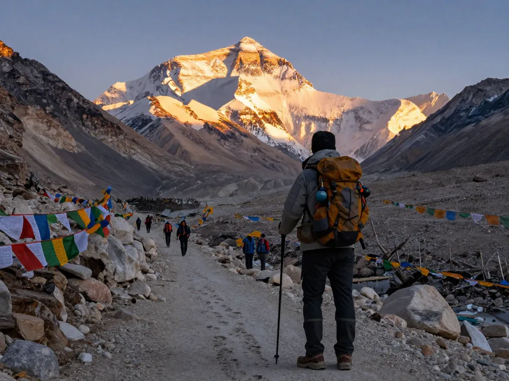Everest Base Camp Trek with traveler enjoying breathtaking views of the mountains during sunset.