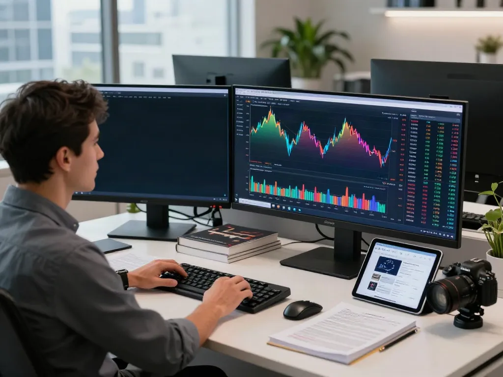 Trader using TradingView on multiple screens in a vibrant office setting.