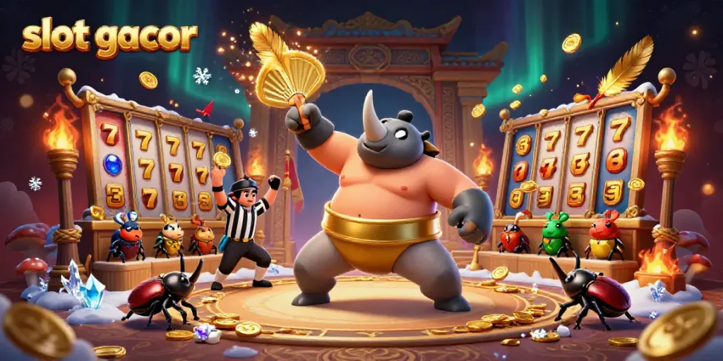 Watch the slot gacor action as a rhinoceros beetle champ sends golden coins flying during a big win!