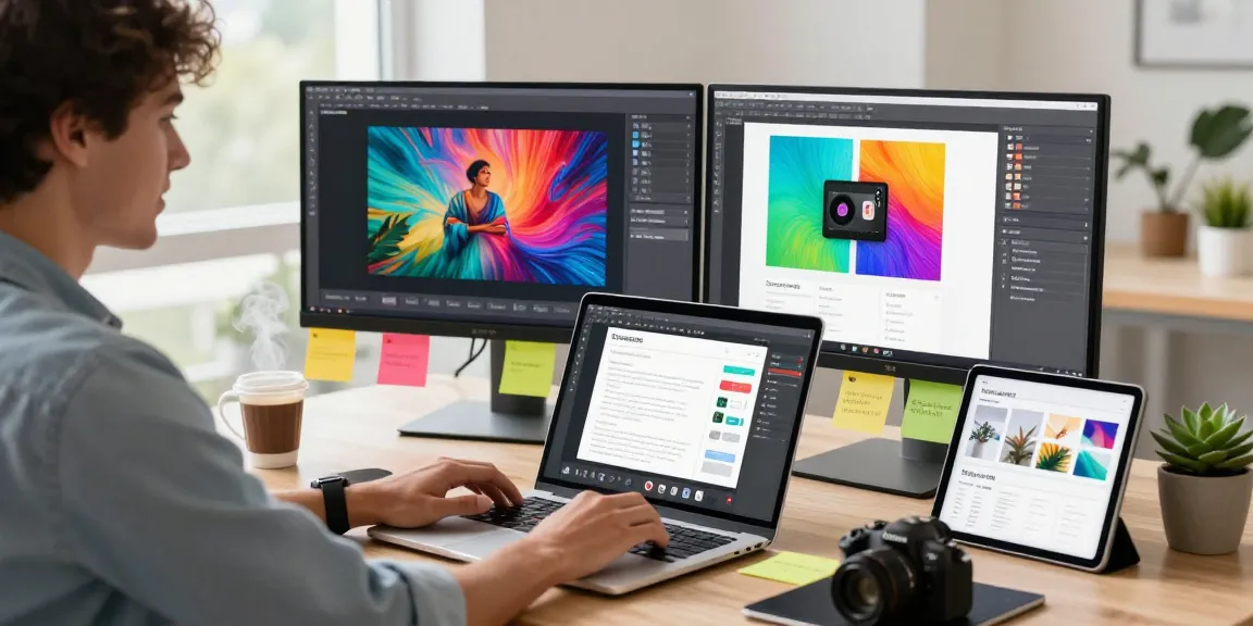 Creative professional using 截图软件 in a modern workspace, enhancing productivity with dual monitors and vibrant designs.