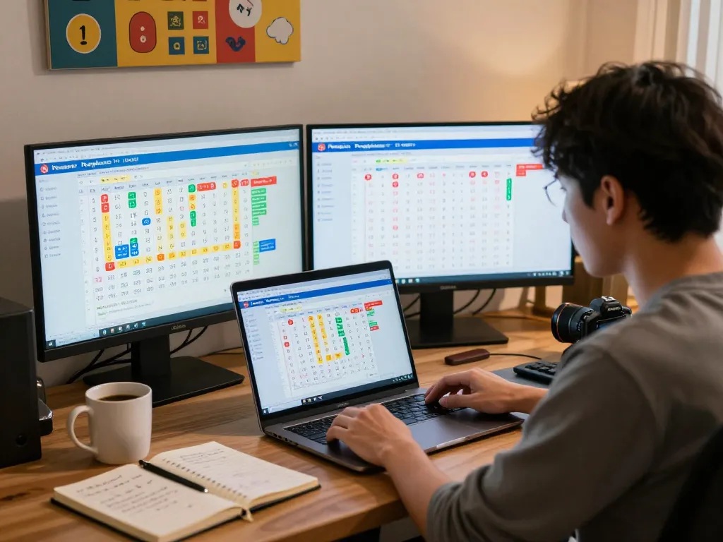 Engaged player checking Pengeluaran HK lottery results on multiple screens in a cozy home office.