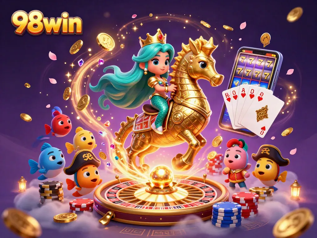 Engaging 98win illustration with a mermaid and seahorse enriching the casino adventure.