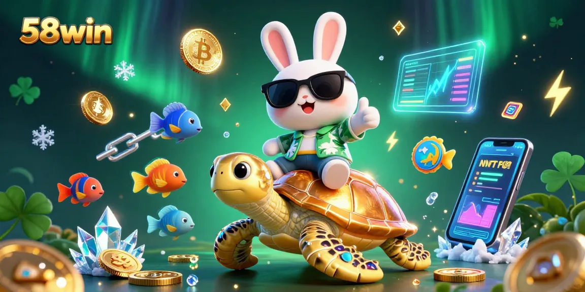 Experience the thrill of gaming at 58win with an animated scene of a lucky rabbit and golden sea turtle.