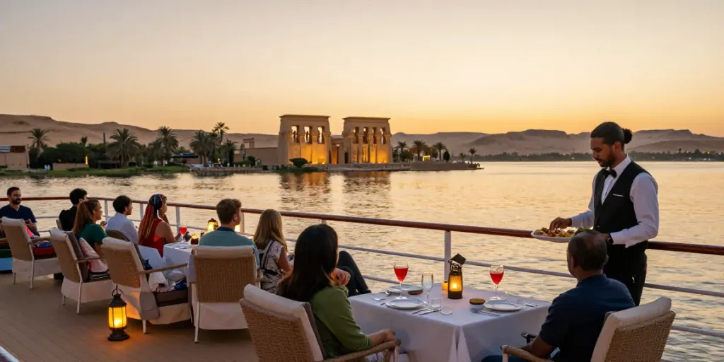 Travelers enjoying Lake Nasser Cruises while watching the sunset, surrounded by ancient temples.