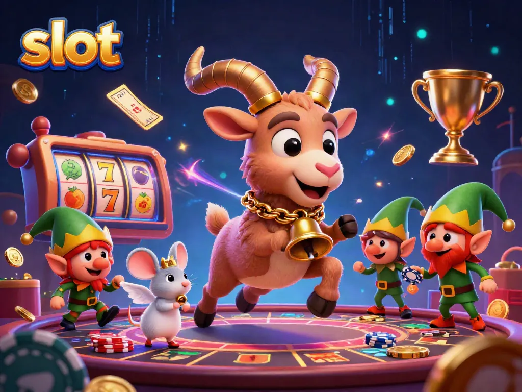Slot yang menyeramkan dalam kasino dengan karakter Krampus dan elf mencuri chip di sekitar putaran slot