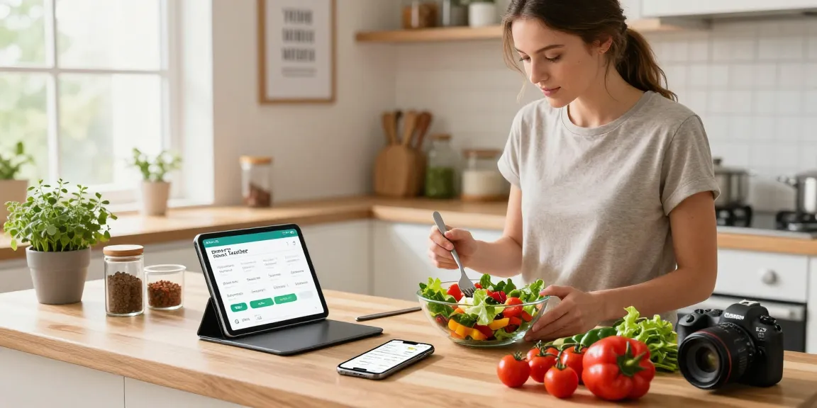 Healthy meal logging with the best food tracker app in a bright kitchen.