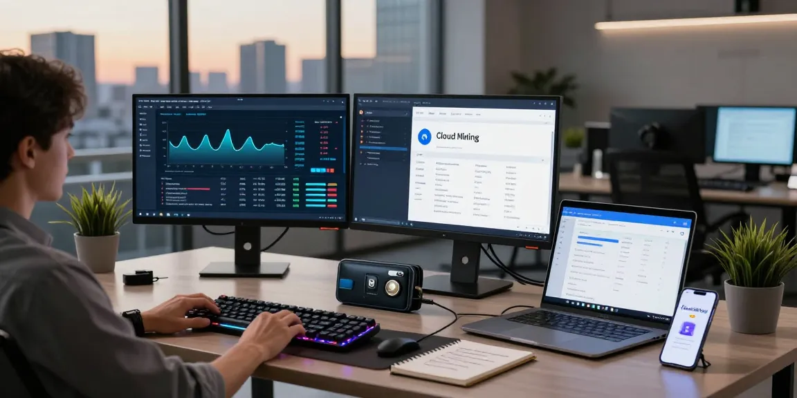 Best cloud mining setup in a professional office with advanced cryptocurrency mining platforms, showcasing digital wallet and analytical dashboards.